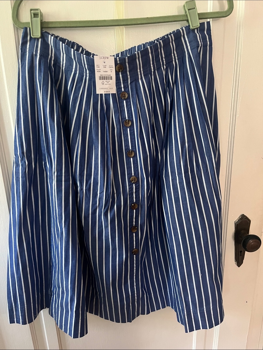 J. Crew Navy Blue and White Vertical Stripe Button-Front Skirt